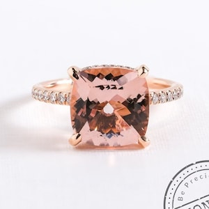 Pink Morganite Ring 2.65 CT Cushion Morganite Engagement Ring, Hidden Halo Wedding Ring, Solid 14K Rose Gold Promise Ring, Anniversary Gift,