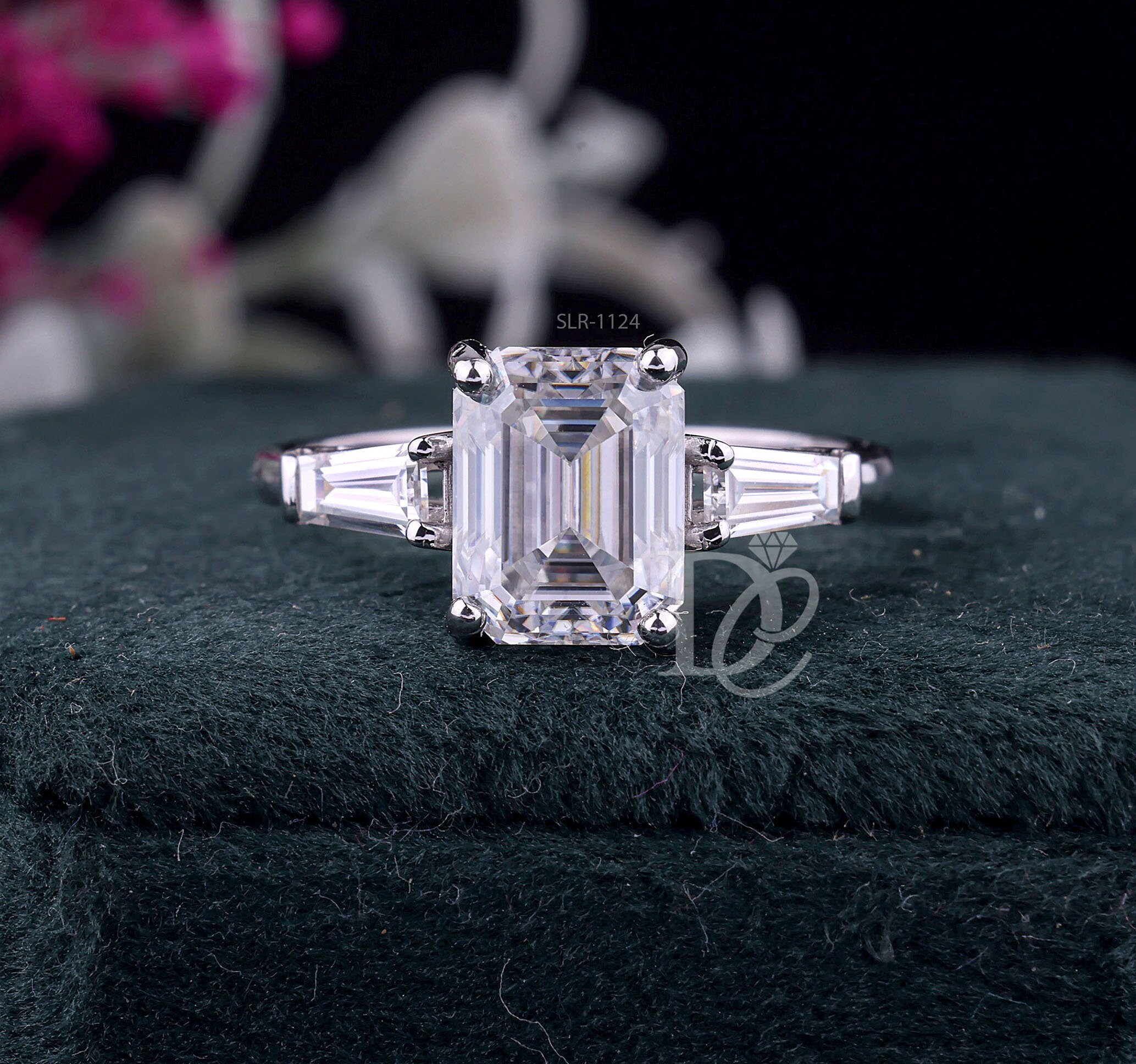2.56CT Emerald Cut Moissanite Trilogy Ring, 1.11 TCW Side Stone Tapper Baguette Engagement Ring,14K gold Moissanite Past Present Future Ring