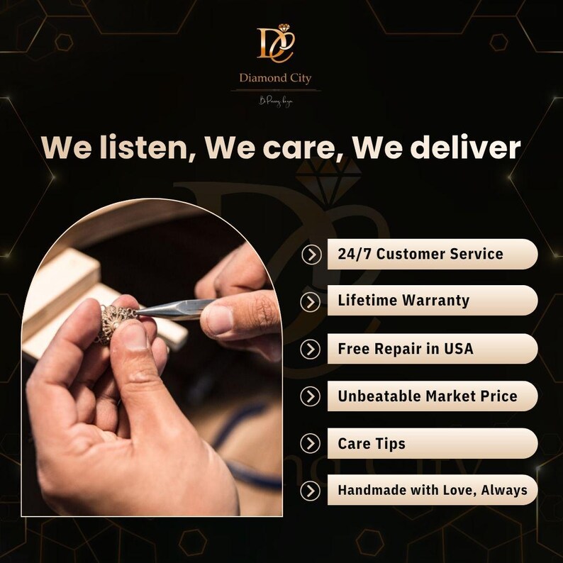 May include: A promotional graphic for Diamond City featuring the text We listen, We care, We deliver. It includes a circular inset showing jewelry being crafted with pliers and a list of services: 24/7 Customer Service, Lifetime Warranty, Free Repair in USA, Unbeatable Market Price, Care Tips, and Handmade with Love, Always.