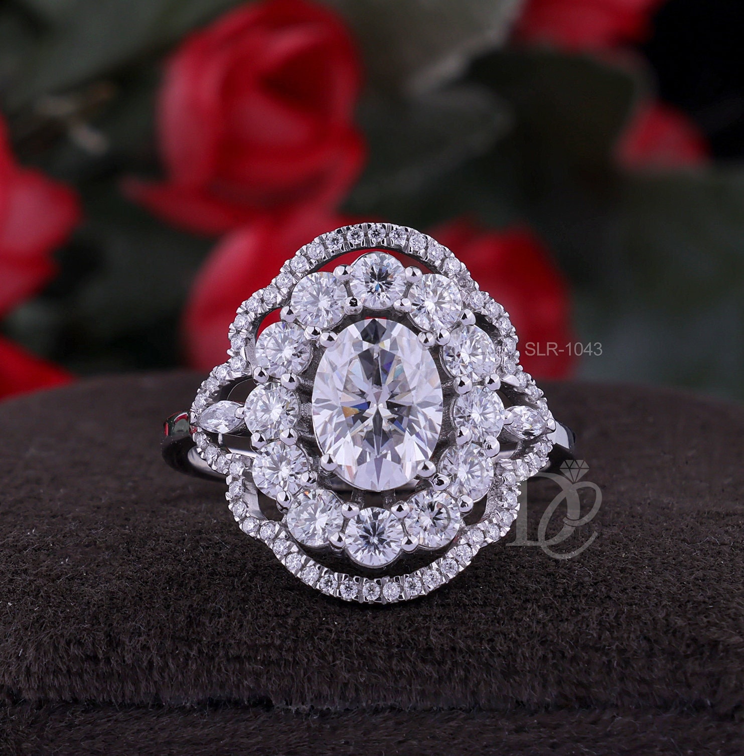 2.11 TCW Double Halo Oval Cut Moissanite Engagement Ring,14k Solid