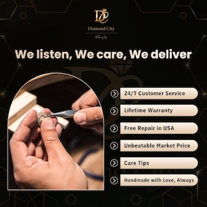 May include: A promotional graphic for Diamond City featuring the text We listen, We care, We deliver. It includes a circular inset showing jewellery being crafted with pliers and a list of services: 24/7 Customer Service, Lifetime Warranty, Free Repair in USA, Unbeatable Market Price, Care Tips, and Handmade with Love, Always.