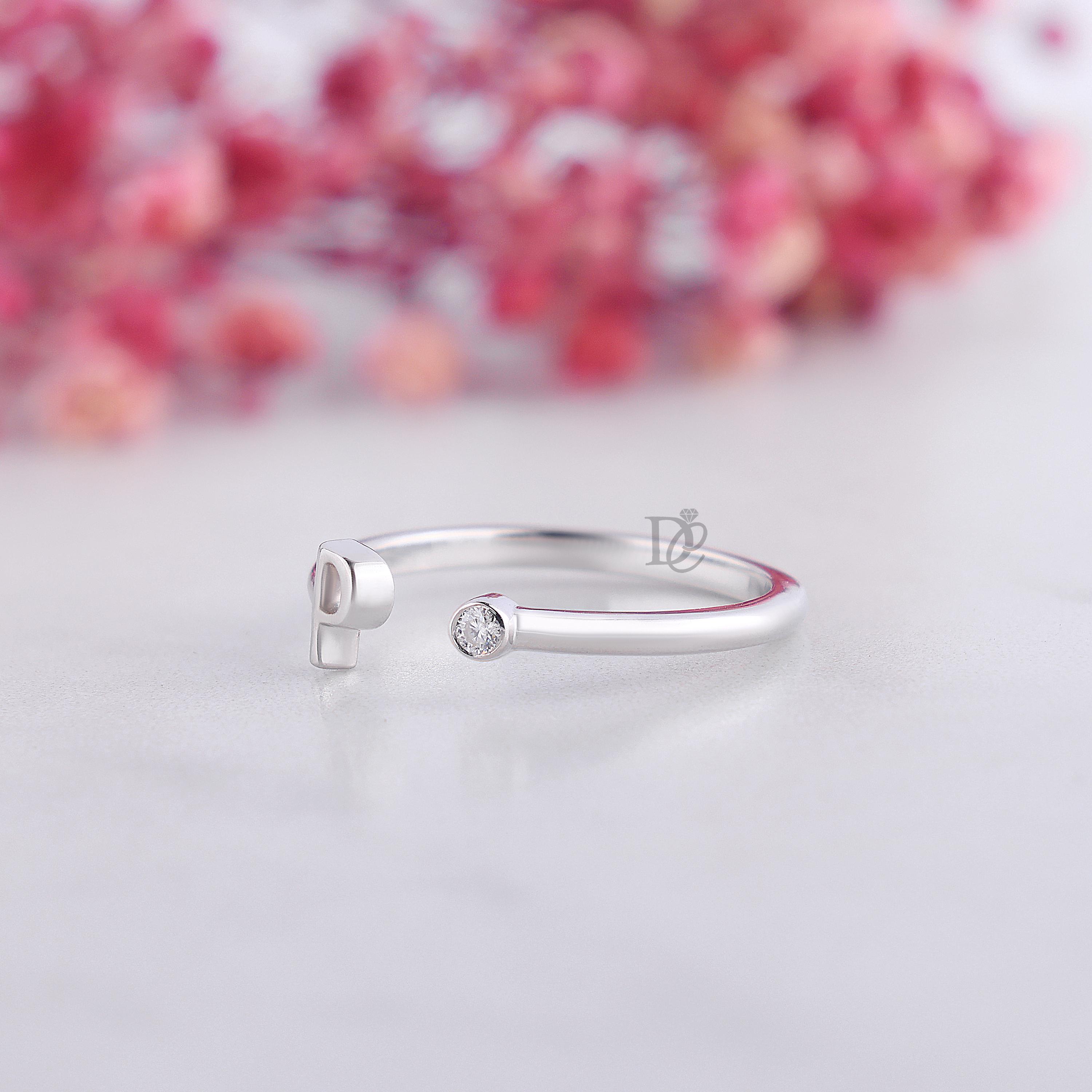 P Initial Bezel Set Moissanite Diamond Ring,solid Gold Open Cuff