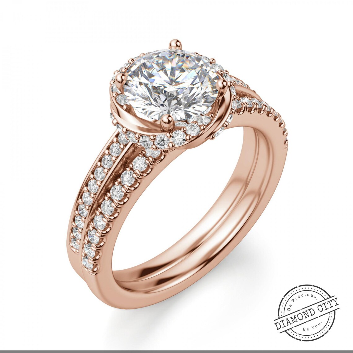 Flower Engagement Ring Round Cut Halo 14k/ 18k solid White Etsy