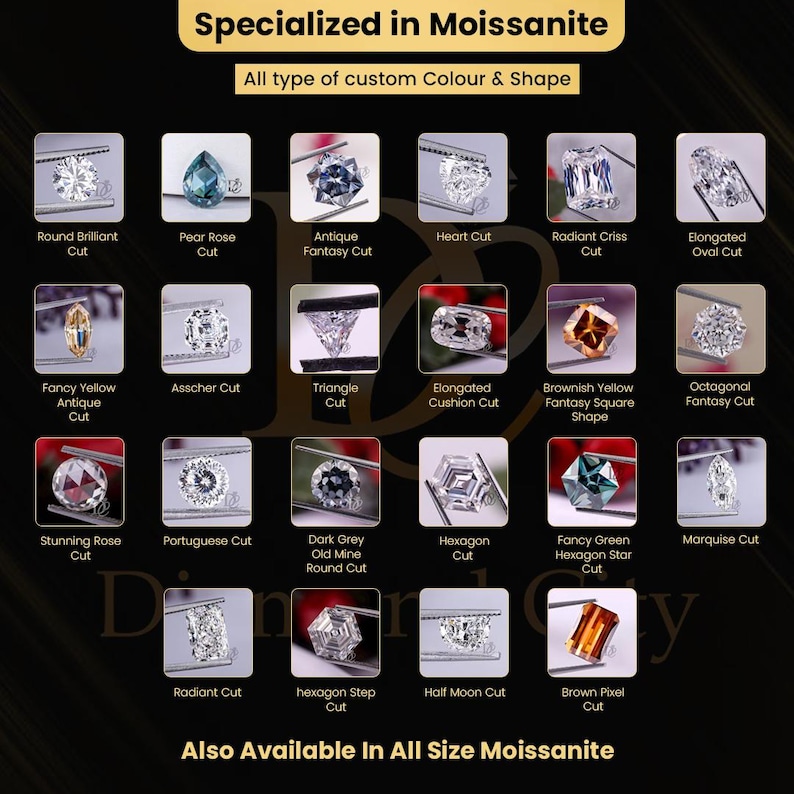 May include: A chart displaying twenty-four different moissanite gemstone cuts, including round brilliant, pear rose, heart, radiant, asscher, triangle, cushion, marquise, hexagon, and half moon shapes, with text labels for each cut and company branding.