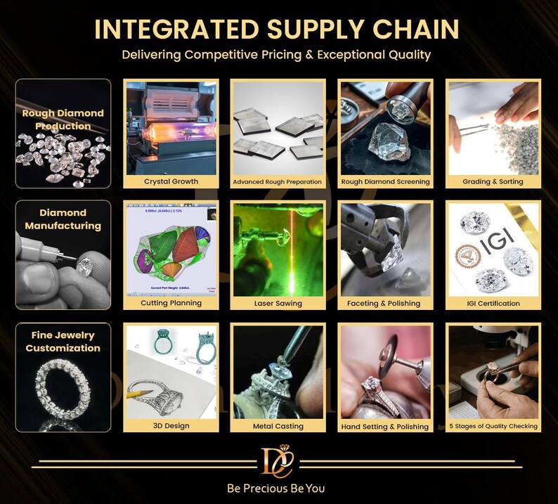Op de afbeelding: Een infographic getiteld INTEGRATED SUPPLY CHAIN met details over diamantproductie, fabricage en het aanpassen van sieraden. Het bevat twaalf panelen die processen tonen zoals kristalgroei, laserzagen, 3D-ontwerp en IGI-certificering, met de tekst Be Precious Be You.