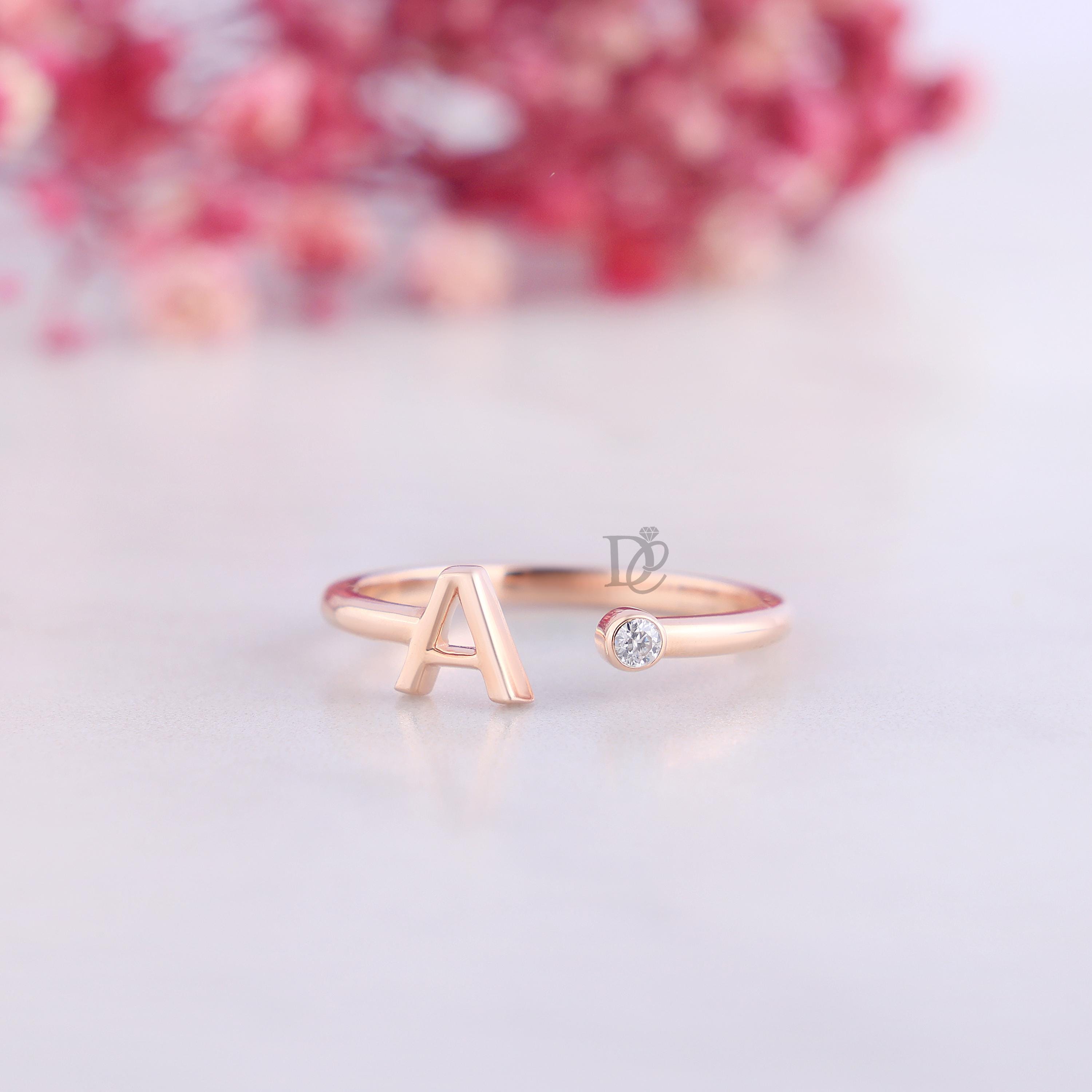 Alphabet Open Cuff Moissanite Diamond Ring,14k Rose Gold Initial Letter ...