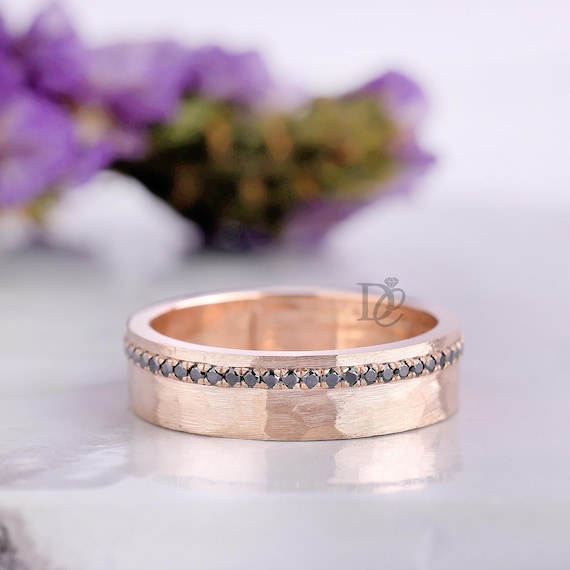 Hammered Men's Matte Finish Wedding Ring,14k Rose Gold Black
