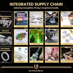 May include: An infographic titled INTEGRATED SUPPLY CHAIN detailing diamond production, manufacturing, and jewellery customisation. It features twelve panels showing processes like crystal growth, laser sawing, 3D design, and IGI certification, with the text Be Precious Be You.