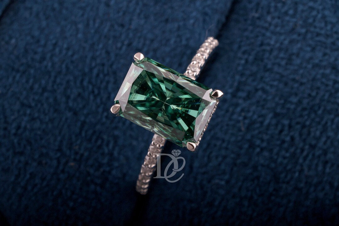 3.65 CT Radiant Green Moissanite Engagement Ring, 14k White Gold Hidden ...
