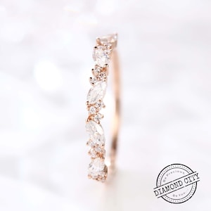 Vintage Moissanite Marquise Cut Round Wedding Band, 10K Rose Gold Wedding Band, Half Eternity Band, Promise Ring Anniversary Band Ring,