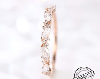 Vintage Moissanite Marquise Cut Round Wedding Band, 10K Rose Gold Wedding Band, Half Eternity Band, Promise Ring Anniversary Band Ring,