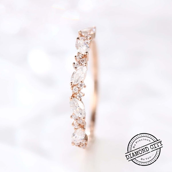 Vintage Moissanite Marquise Cut Round Wedding Band, 10K Rose Gold Wedding Band, Half Eternity Band, Promise Ring Anniversary Band Ring,