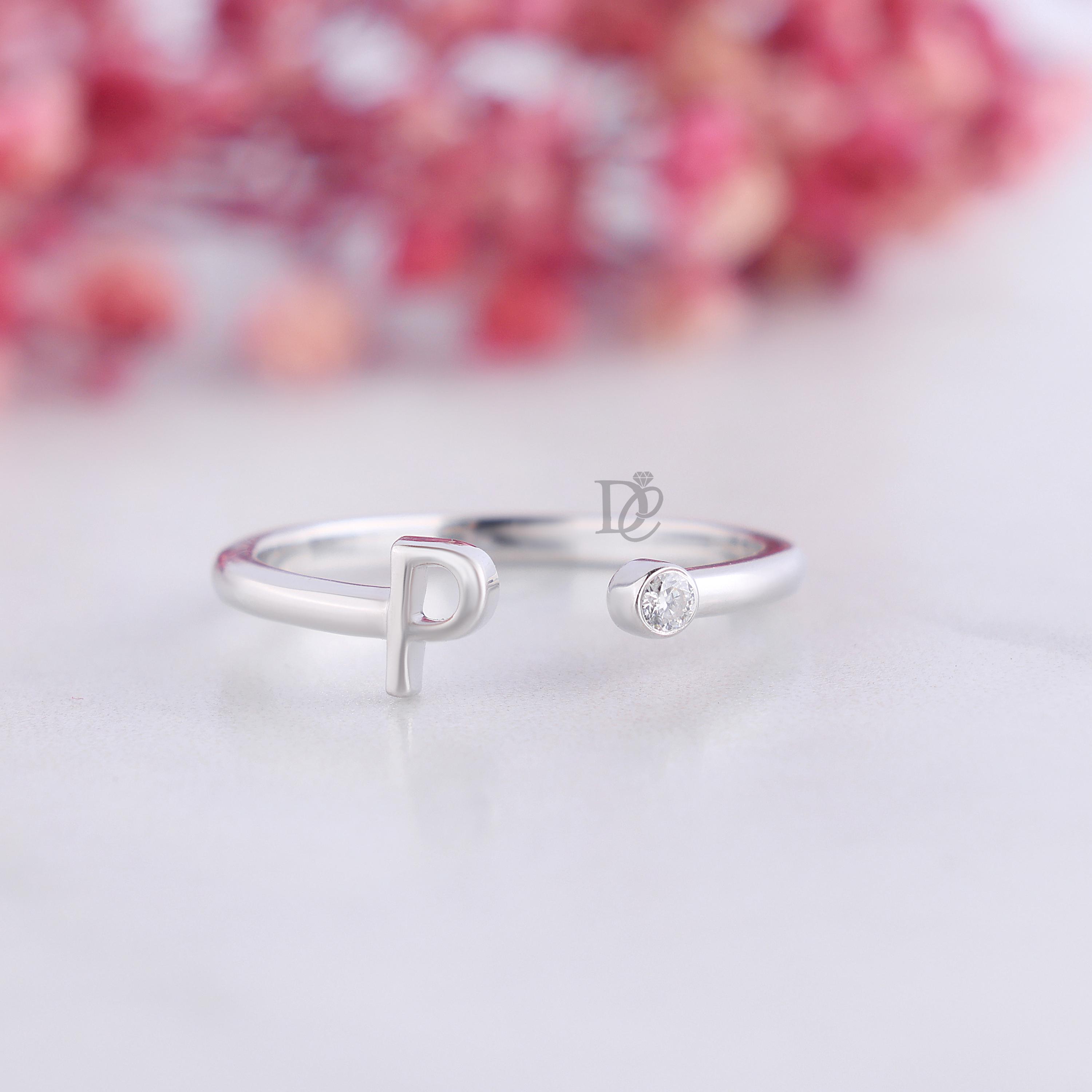 P Initial Bezel Set Moissanite Diamond Ring,solid Gold Open Cuff