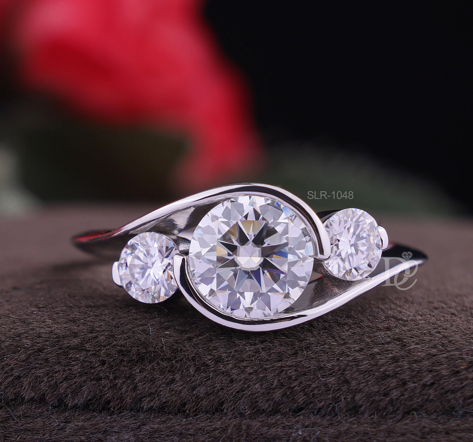Three Stone Tension Set Anniversary ring,Classic Round Brilliant Cut Moissanite Designer Wedding Ring,Bypass Shank Twisted Engagement Ring