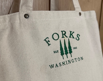 Forks Washington Embroidered Washed Canvas Tote Bag With Side Pockets, Book Bag, Gift for Readers, Bookworm Bag, inspired by Twilight