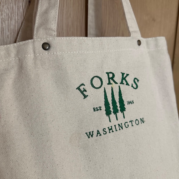 Forks Washington Embroidered Washed Canvas Tote Bag With Side Pockets, Book Bag, Gift for Readers, Bookworm Bag, inspired by Twilight