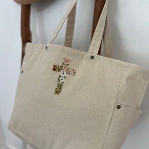 Floral Boho Cross- Embroidered Washed Canvas Tote Bag With Side Pockets, Book Bag, Library Bag, Bible Study, Church Bag, Church Quiet Bag