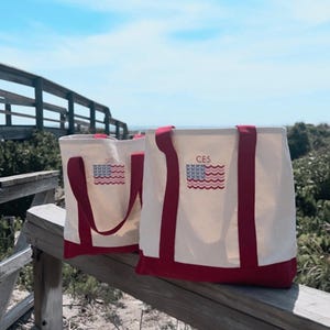 Monogrammed Red, Pink and Bows Cutie America Embroidered Tote Bag, American Made, Girlie Tote