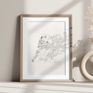 May include: A framed black and white pencil drawing of a Cavalier King Charles Spaniel dog looking up. The frame is light brown wood and the background is a white wall.