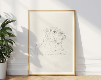 Pode incluir: Um esboço a lápis emoldurado de um cão, provavelmente um terrier, com uma pelagem fofa. A obra de arte está em uma moldura de madeira de cor clara, encostada em uma parede branca. Uma planta em vaso é visível à esquerda.