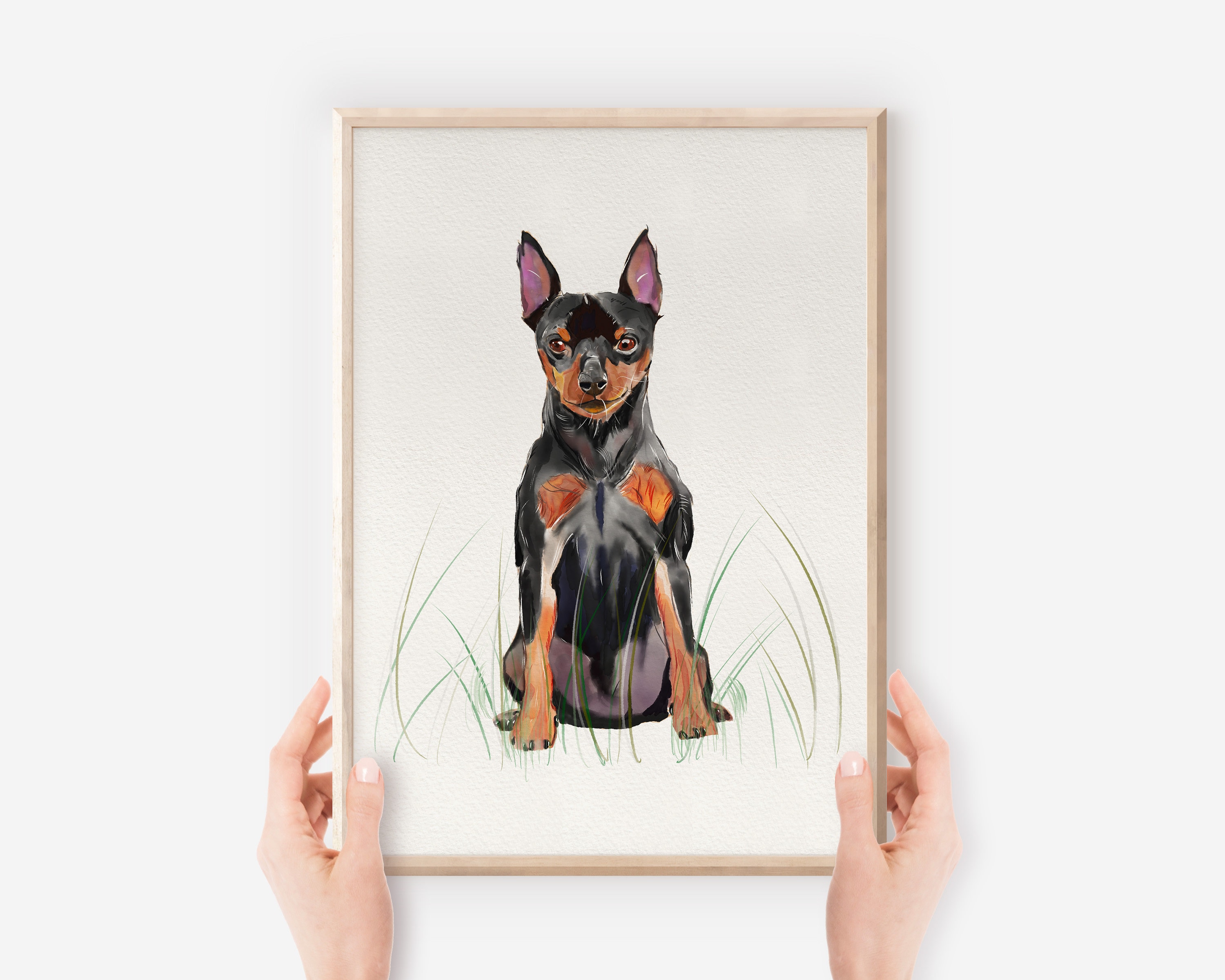 ミニチュア・ピンシャーの水彩画、犬好きへのギフト、壁掛けアート
