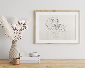 Basset Hound Dog Sketch Art Print, Minimalist Line Drawing, Pet Portrait Wall Decor