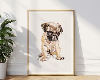 May include: Watercolor painting of a pug puppy in a gold frame. The pug has a tan coat with a black muzzle and dark eyes. The artwork is set against a white background, with a potted plant visible on the left.