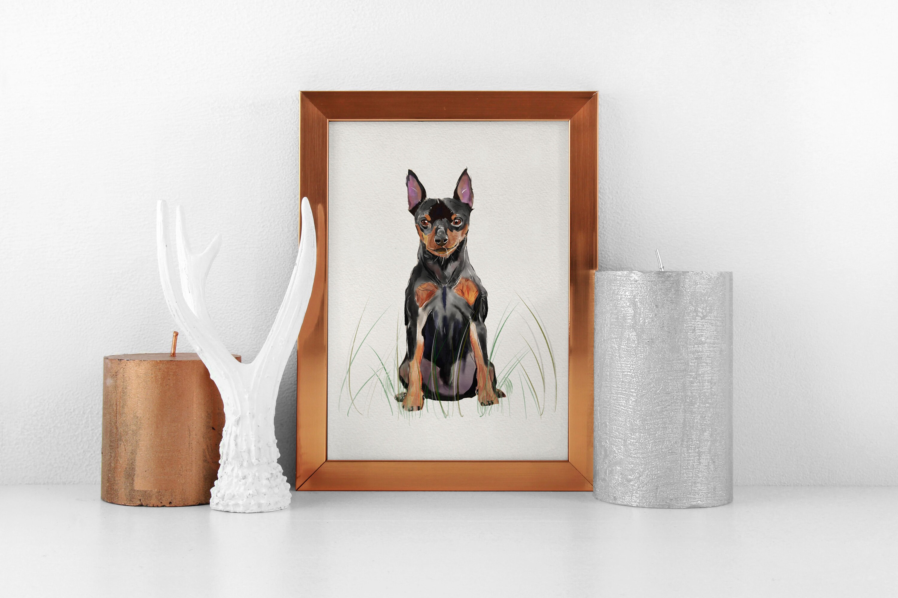 ミニチュア・ピンシャーの水彩画、犬好きへのギフト、壁掛けアート