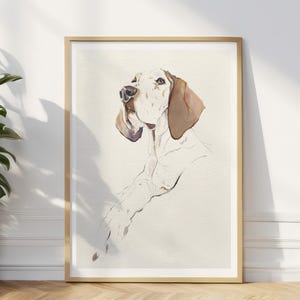 May include: Watercolour painting of a white and brown dog with floppy ears. The dog is looking to the left of the image. The painting is on a white background.