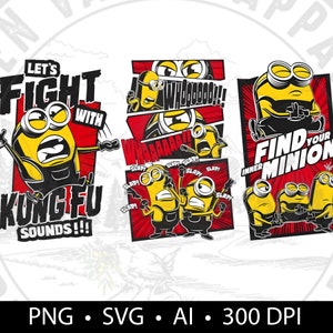 Puede incluir: Tres ilustraciones digitales con los personajes de los Minions de la franquicia Gru, mi villano favorito. La primera imagen muestra un Minion en una pose de karate con el texto "Let's Fight with Kung Fu Sounds!!!". La segunda imagen muestra un Minion con el texto "Whaaahhh!" y la tercera imagen muestra un Minion con el texto "Find Your Inner Minion!"