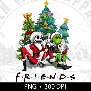 May include: A digital illustration of Jack Skellington from The Nightmare Before Christmas and the Grinch from How the Grinch Stole Christmas dressed as Santa Claus. They are standing in front of a snowy background with Christmas trees. The text "FRIENDS" is below them.