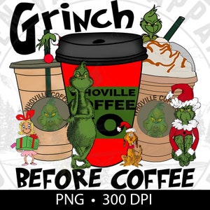 Puede incluir: Una ilustración digital del personaje del Grinch del libro de Dr. Seuss "Cómo el Grinch robó la Navidad" con el texto "Grinch Before Coffee". El Grinch está representado sosteniendo una taza de café con el texto "Whoville Coffee" en ella. La imagen está en un estilo de dibujos animados y presenta colores brillantes.