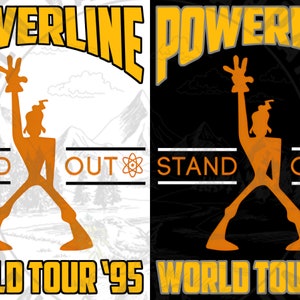 Puede incluir: Un diseño gráfico amarillo y negro con el texto "POWERLINE" en negrita. El diseño también incluye una figura naranja estilizada con el texto "STAND OUT" y un símbolo atómico. El texto "WORLD TOUR '95" está en la parte inferior del diseño.