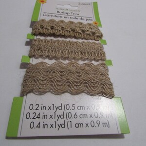Bordure en toile de jute 3 motifs en dentelle, ensemble d'embellissement, 0,9 m (1 mètre) chacun, pour tous vos projets de bricolage.