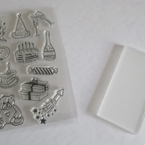 Ensemble de timbres en silicone 11 pièces - Thème de fête et bloc d’estampage. Fabrication de cartes, scrapbooking, artisanat, invitations, fêtes, décorations à thème
