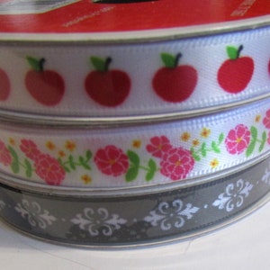 Ruban amusant brillant et soyeux, pommes rouges, fleurs roses, ruban noir avec motif blanc, 9,5 mm x 2,7 m pour tous vos projets de bricolage.