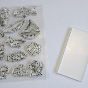 Jeu de tampons en silicone 11 pièces - Sea Theme avec bloc d’estampage. Fabrication de cartes, scrapbooking, artisanat, invitations, fêtes, décorations à thème.