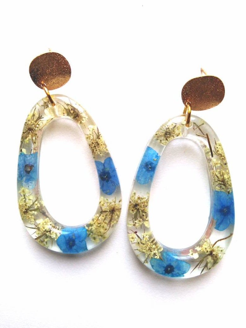 Queen Anne/'s lace real flowers real earrings gold earrings Christmas gift Gold earrings blue flowers resin earrings