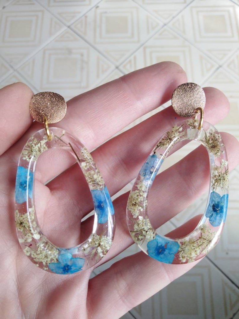 Queen Anne/'s lace real flowers real earrings gold earrings Christmas gift Gold earrings blue flowers resin earrings