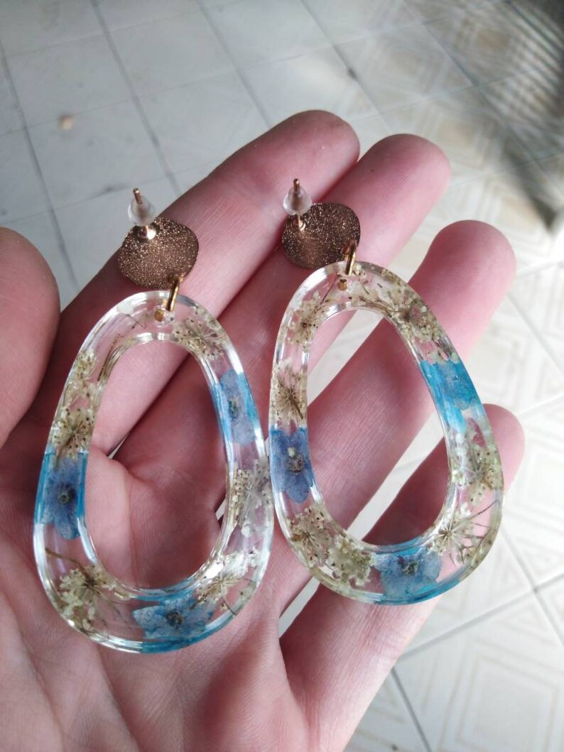 Queen Anne/'s lace real flowers real earrings gold earrings Christmas gift Gold earrings blue flowers resin earrings