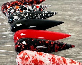 Paquete O-Negativo: polvo de inmersión, polvo de inmersión para uñas, acrílico, Halloween, San Valentín, negro, rojo, papel de aluminio, juego