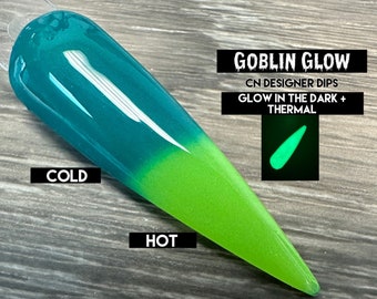 Goblin Glow- dip powder, dip powder for nails, acrylic, green, color changing, thermal, glow in the dark, glow