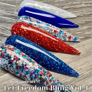 Let Freedom Bling Vol 1 - polvo de inmersión, polvo de inmersión para uñas, acrílico, 4 de julio, Día de la Independencia, patriótico, rojo, blanco, azul, brillo, juego