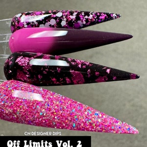 May include: Four pink and black nail dip powder designs. The designs include glitter, foil, and a gradient. The text "CN DESIGNER DIPS Off Limits Vol. 2" is at the bottom of the image.