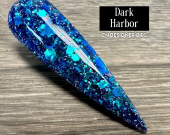 Dark Harbor- dip powder, dip powder for nails, acrylic, blue, chunky, color shift, glitter