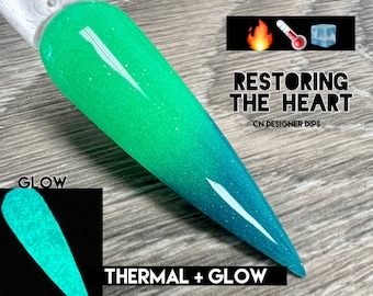 Restoring the Heart- dip powder, dip powder for nails, acrylic, green, blue, shimmer, color changing, thermal, glow in the dark