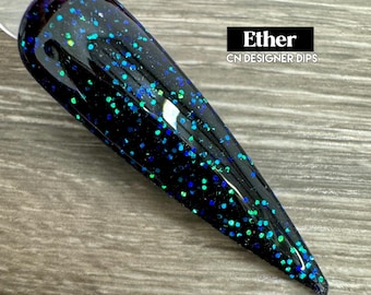 Ether- dip powder, dip powder for nails, acrylic, black, blue, green, color shift, glitter