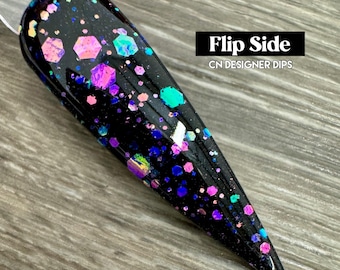 Flip Side- dip powder, dip powder for nails, acrylic, black, chunky, color shift, glitter