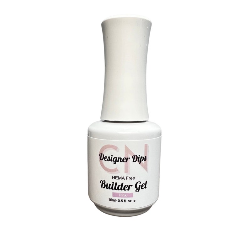 May include: A white bottle of pink builder gel for nails. The bottle is labeled "Designer Dips HEMA Free Builder Gel Pink 15ml-0.5 fl. oz. e"