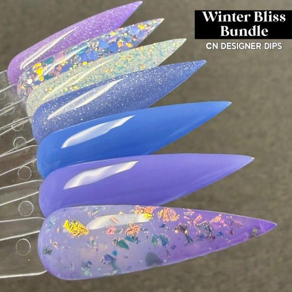 Paquete Winter Bliss: polvos de inmersión, acrílicos, azules, violeta, primaverales, que cambian de color, térmicos, con purpurina y brillo.